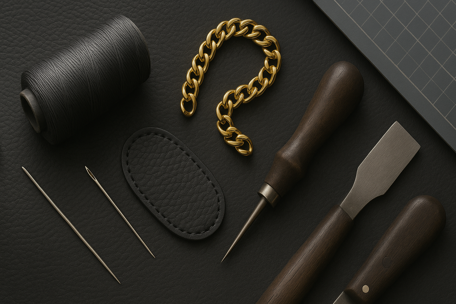 Artisan leather tools on workshop table showcasing premium materials and hand-selected finishing touches used in crafting luxury handbags Australia