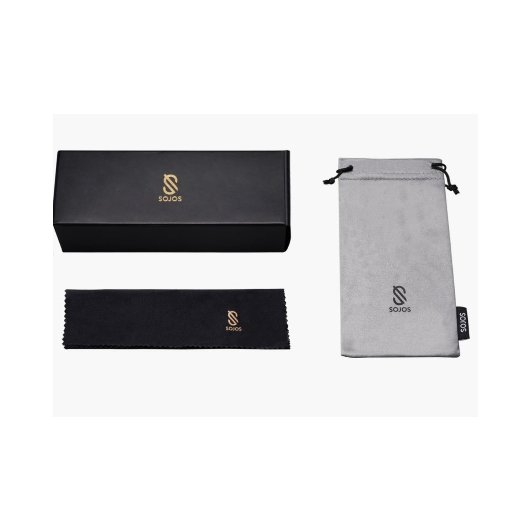 Sunglasses accessories set with black case, cleaning cloth, and pouch on a white background