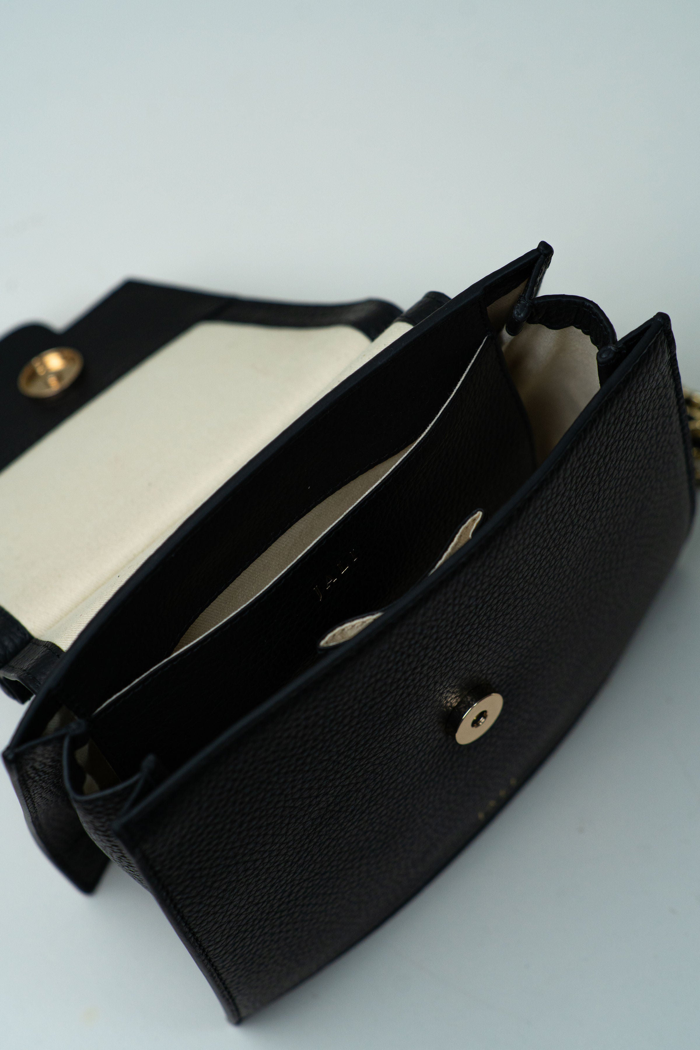 Cleopatra Bag Black interior by Jali, featuring full-grain leather exterior, eco-friendly cotton lining, and premium gold-plated details – sustainable Australian designer bag